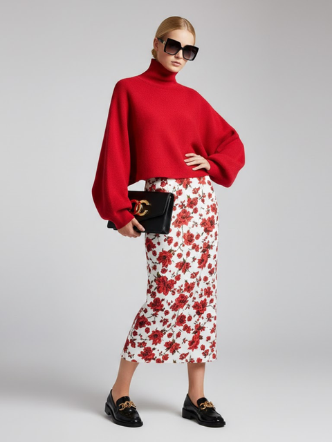 Red Knit Sweater with Peris Neck and Puff Sleeves • BYMANYC ® New York-0