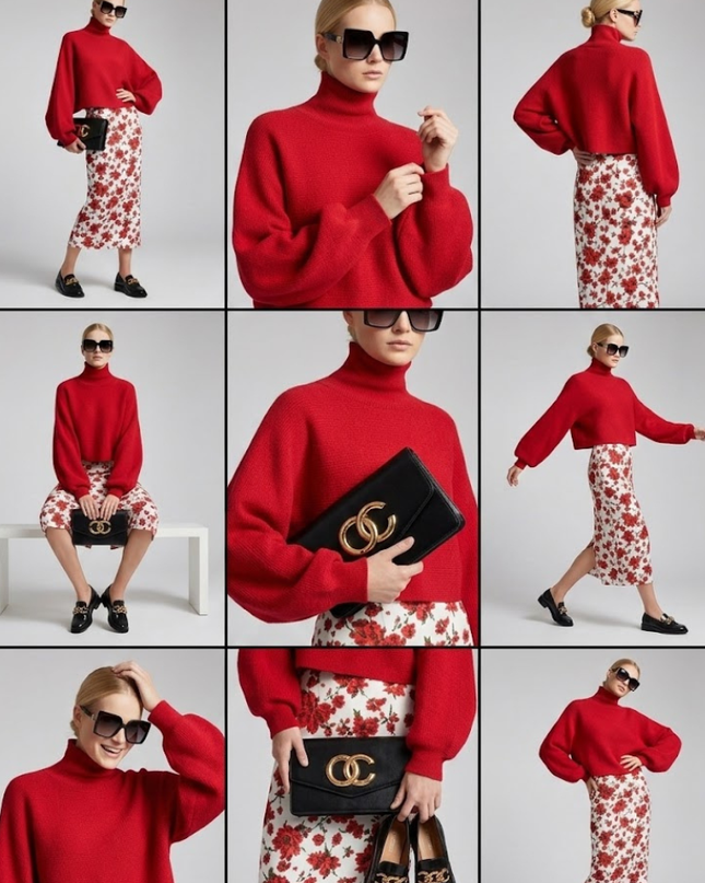 Red Knit Sweater with Peris Neck and Puff Sleeves • BYMANYC ® New York-1