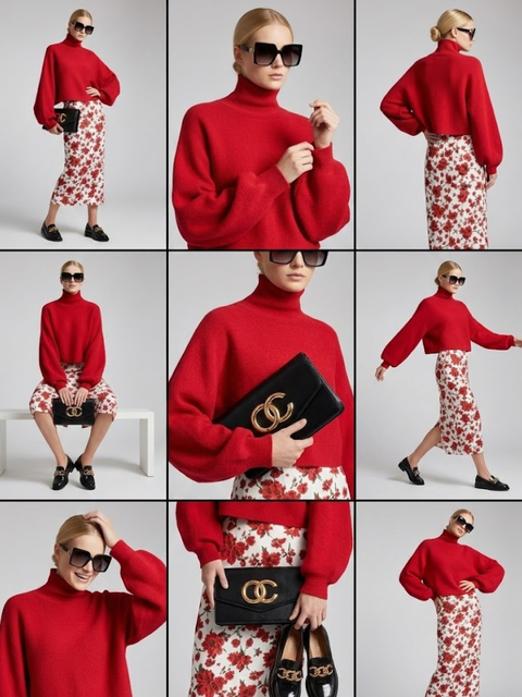 Red Knit Sweater with Peris Neck and Puff Sleeves • BYMANYC ® New York-1