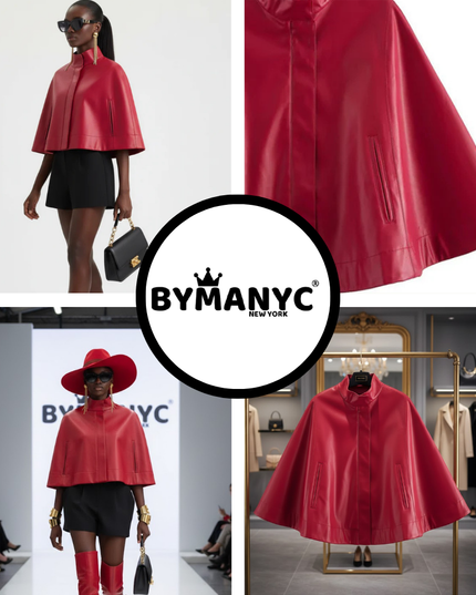 Red Leather-Style Short Cape Jacket For Women, Greenwich Village, BYMANYC New York.-1