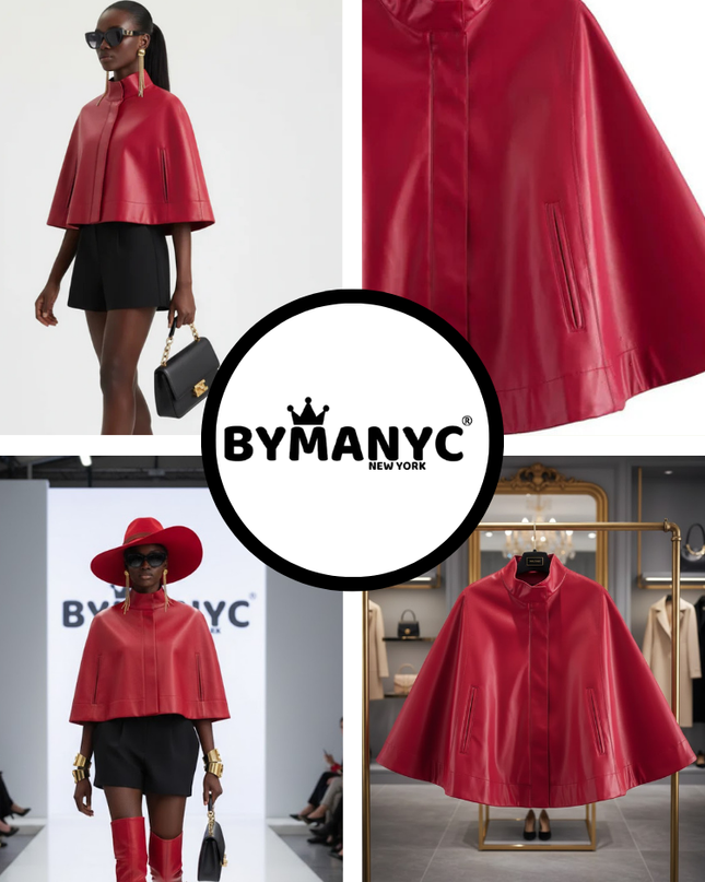 Red Leather-Style Short Cape Jacket For Women, Greenwich Village, BYMANYC New York.-1
