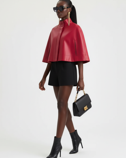 Red Leather-Style Short Cape Jacket For Women, Greenwich Village, BYMANYC New York.-0