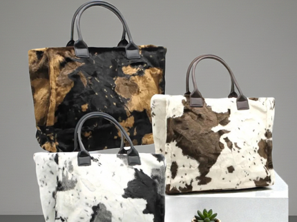 BIG cuddly shopper fur bag with cow pattern and firm handle in 3 colors 