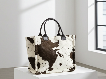 BIG cuddly shopper fur bag with cow pattern and firm handle in 3 colors 