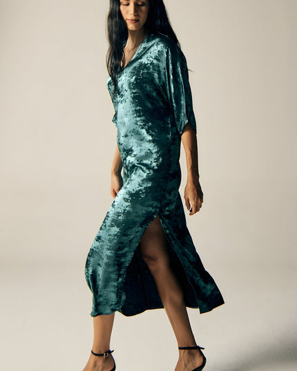 Shadow Of Sequin Shimmer Long Kaftan Dress With Side Slit - Blue Party Dress-1