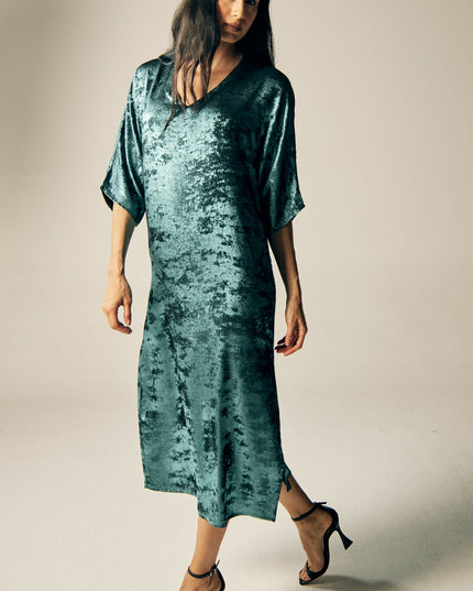 Shadow Of Sequin Shimmer Long Kaftan Dress With Side Slit - Blue Party Dress-2
