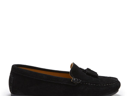 Women's Tasselled Driving Loafers Full Rubber Sole, black suede