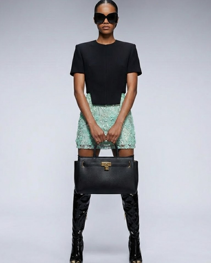 💟 Tweed Mini Rock | Bestickte Rosen & Kristalle | Light Green