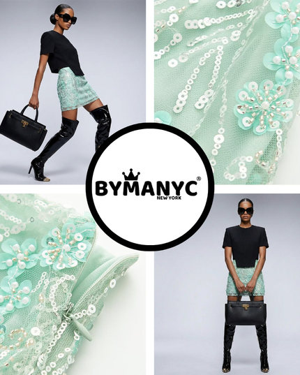 💟 Tweed Mini Rock | Bestickte Rosen & Kristalle | Light Green