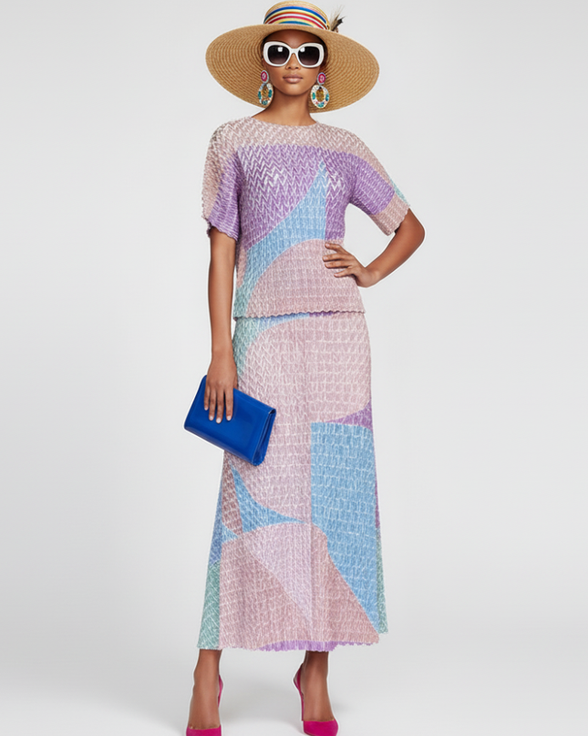 Two-Piece Suit with Color Contrast Top and Pleated Skirt For Women, Midtown, BYMANYC New York.-1