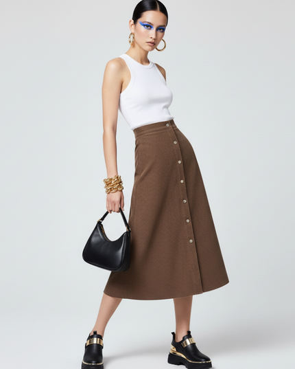 💟  UPTOWN CHIC Corduroy Midi Rock | Brown | ECO FASHION
