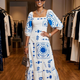 White and Blue Mediterranean Print Puff Sleeve Maxi Dress GRAMERCY New Collection FASHION BYMANYC ® New York-0