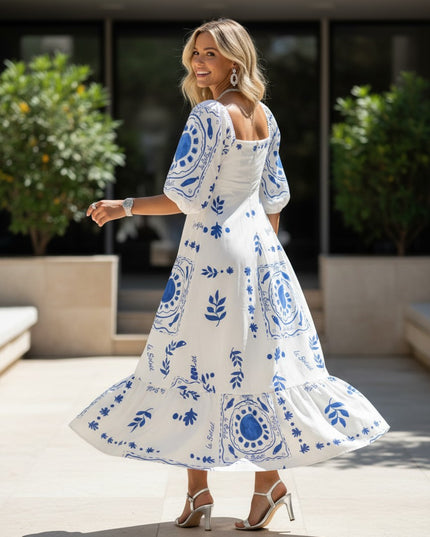 Maxi-Kleid Mediterraner Print Puffarm GRAMERCY