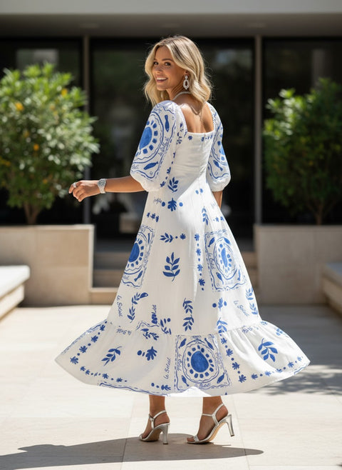 Maxi-Kleid Mediterraner Print Puffarm GRAMERCY – BYMANYC ® New York