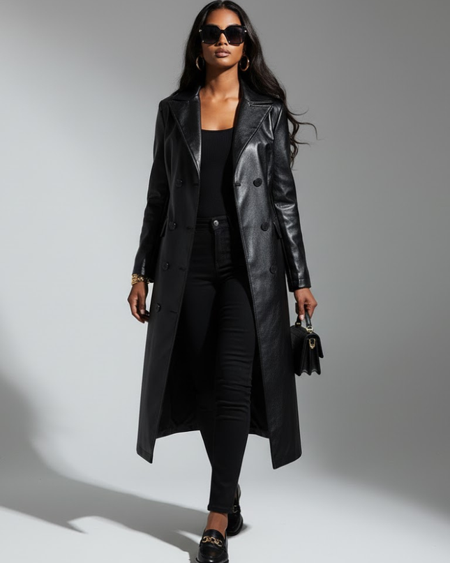 Women's Long Vegan Leather Trench Coat BLACK FINANCIAL COUTURE BYMANYC ® New York-0