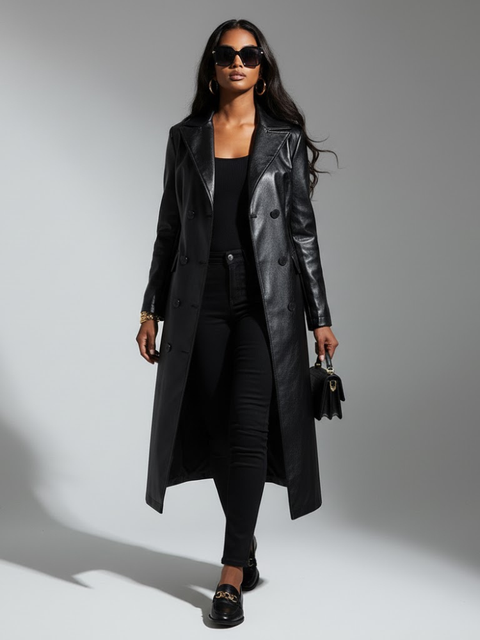 Women's Long Vegan Leather Trench Coat BLACK FINANCIAL COUTURE BYMANYC ® New York-0
