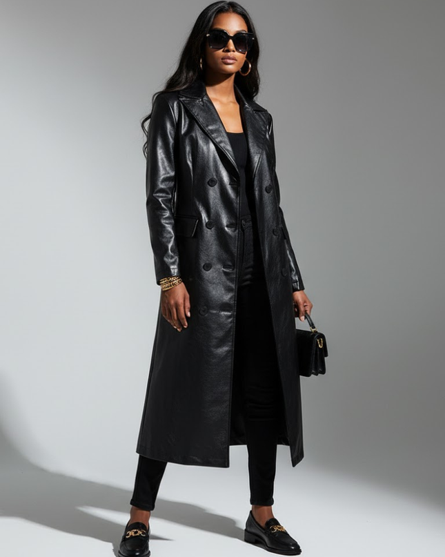 Women's Long Vegan Leather Trench Coat BLACK FINANCIAL COUTURE BYMANYC ® New York-1