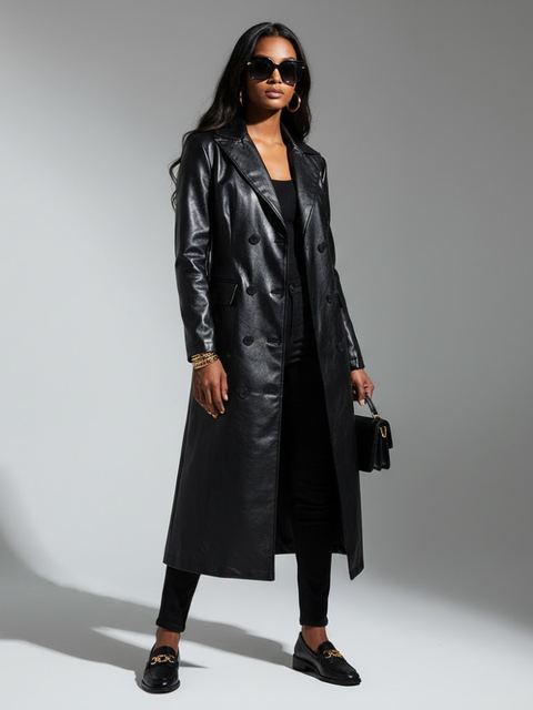 Women's Long Vegan Leather Trench Coat BLACK FINANCIAL COUTURE BYMANYC ® New York-1