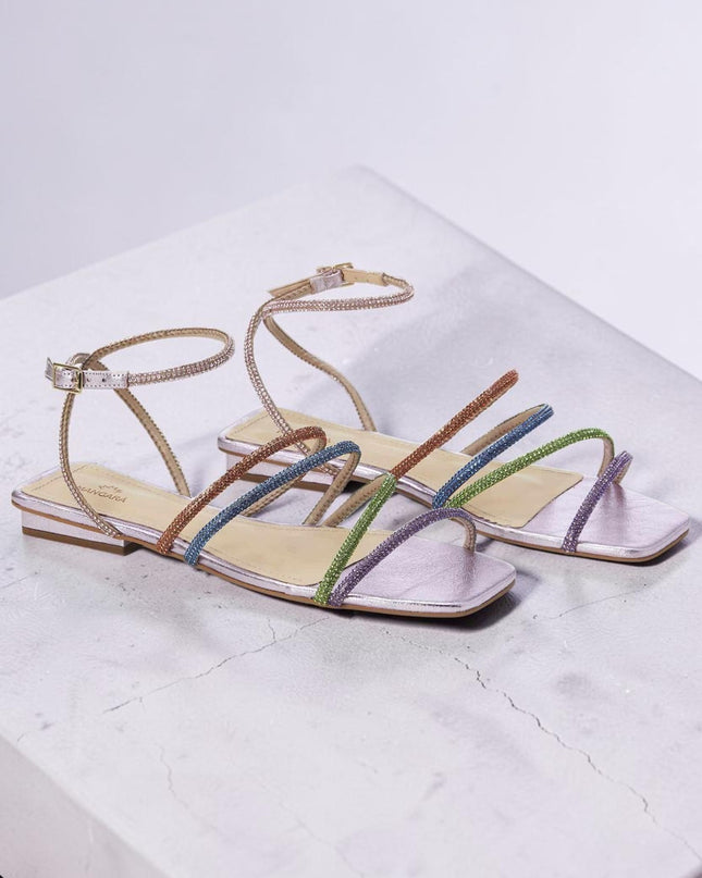 Arca Leder-Sandalen – Kristallriemen Flach Lila | Mangará Atelier