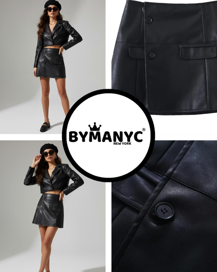 BYMANYC ® New York | HARLEM Blazer-Rock-Set aus Kunstleder | Schwarz