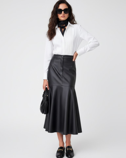 💟 TRIBECA COUTURE Vegan Leather Fishtail Skirt | Schwarz