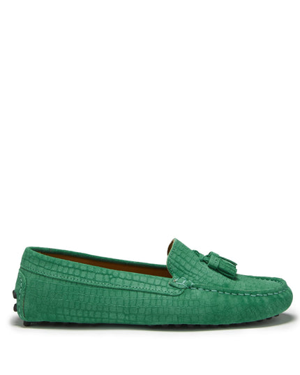 Women's Tasselled Driving Loafers, emerald embossed suede-0