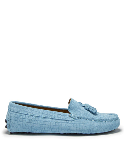 Women's Tasselled Driving Loafers, blue embossed suede-0