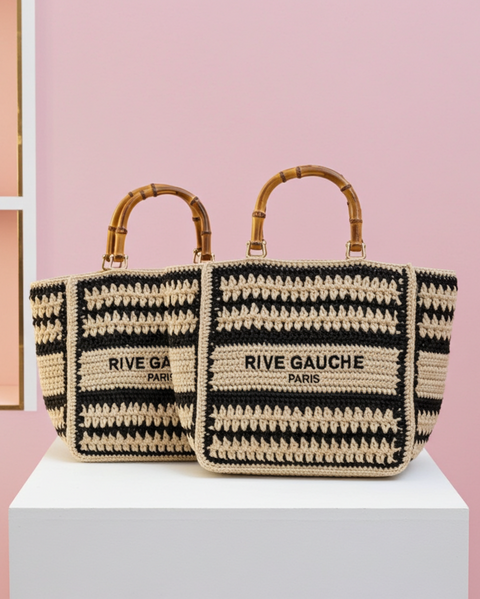 CROCHET Geflochtener Shopper RIVE GAUCHE mit Bambusgriffen (medium)