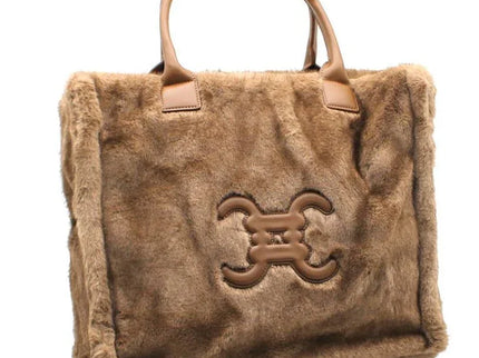Luxury brown faux fur tote bag with leather handles and embossed logo, designer handbag for women