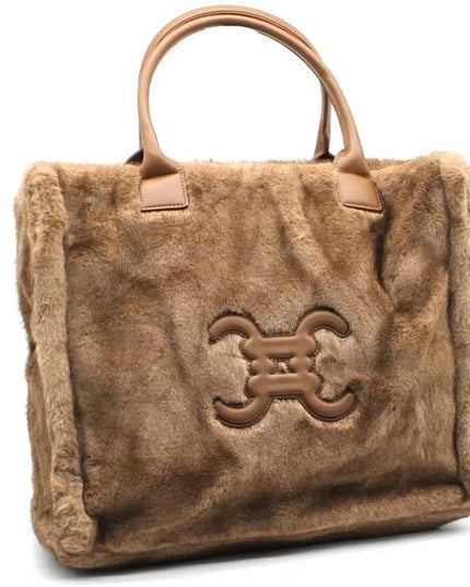 Luxury brown faux fur tote bag with leather handles and embossed logo, designer handbag for women