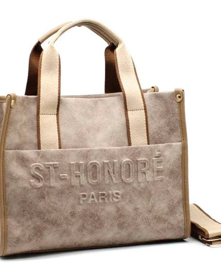 Beige canvas tote bag with ST-HONORÉ PARIS embossing, leather trim, and detachable strap