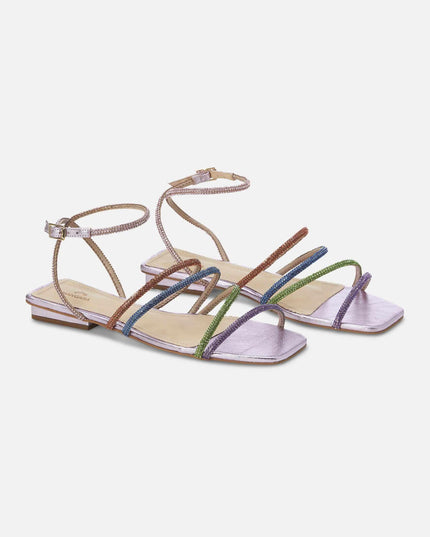 Arca Leder-Sandalen – Kristallriemen Flach Lila | Mangará Atelier