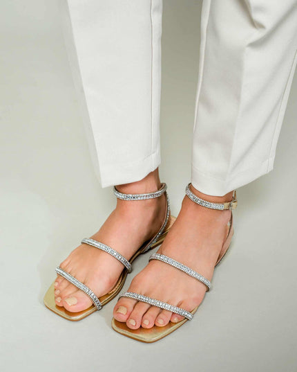 Aroeira Leder-Sandale Gold – Kristallriemen Flach