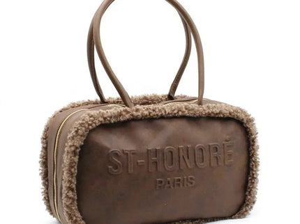 Brown leather handbag with shearling trim and embossed ST-HONORÉ PARIS logo, luxury designer accessory