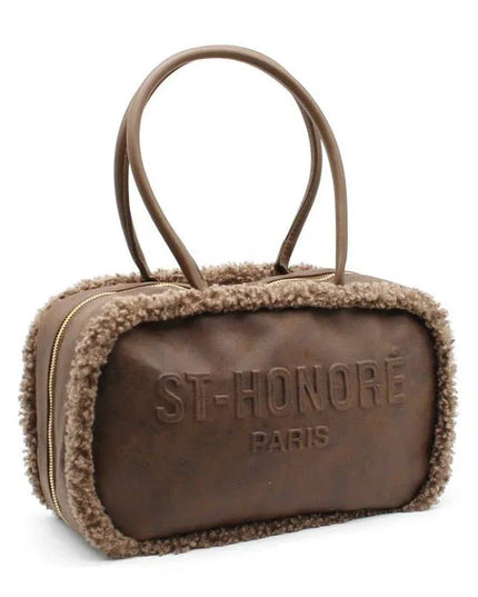 Brown leather handbag with shearling trim and embossed ST-HONORÉ PARIS logo, luxury designer accessory