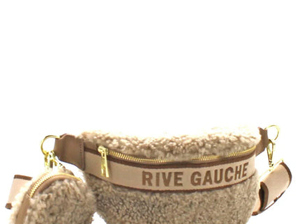 Rive Gauche shearling fanny pack with gold zipper and matching pouch, luxury designer accessory