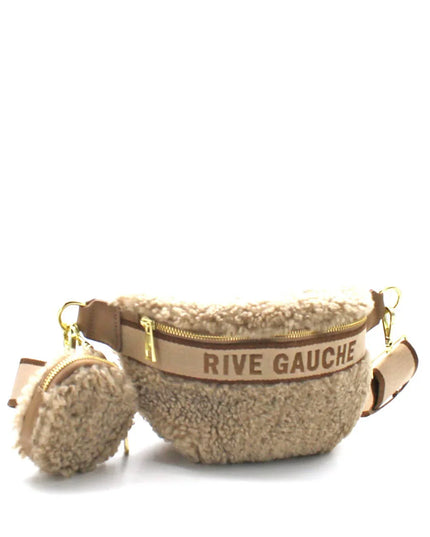 Rive Gauche shearling fanny pack with gold zipper and matching pouch, luxury designer accessory