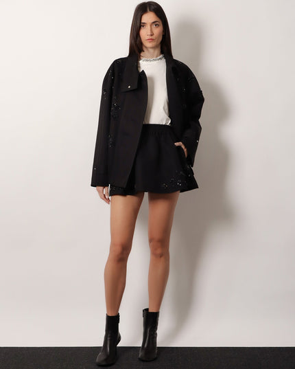 Black denim jacket with floral details in sequins and crystals