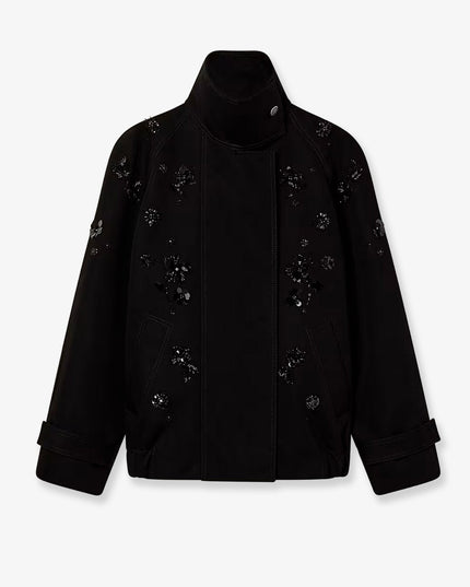 Black denim jacket with floral details in sequins and crystals