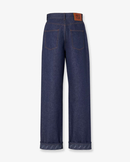 Blue denim jeans with FF detail on the bottom