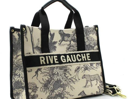 Rive Gauche tote bag with jungle animal print, black handles, and gold hardware — luxury designer accessory