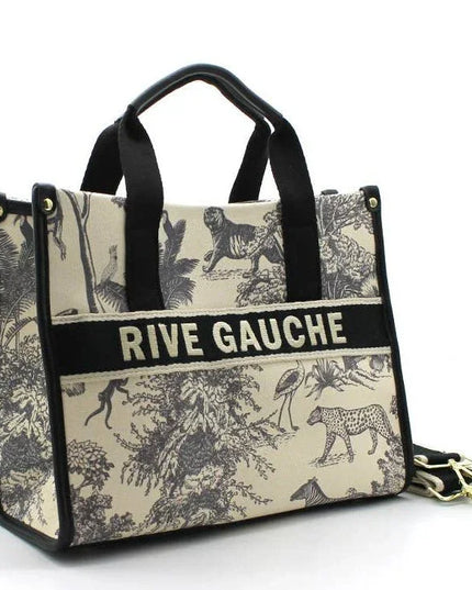 Rive Gauche tote bag with jungle animal print, black handles, and gold hardware — luxury designer accessory