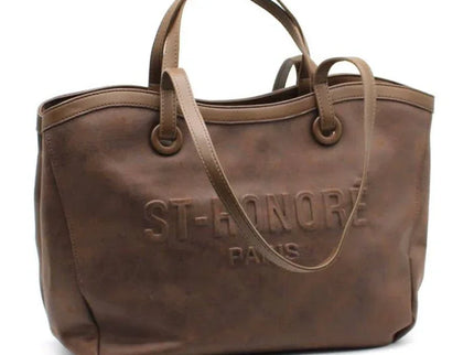 Brown leather tote bag with embossed ST-HONORÉ PARIS logo, dual handles, and shoulder strap for everyday luxury style.