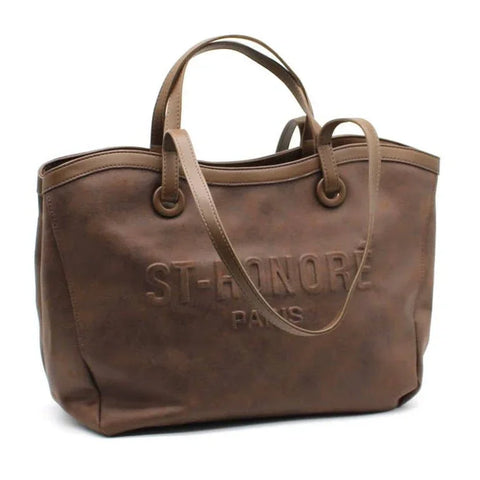 Brown leather tote bag with embossed ST-HONORÉ PARIS logo, dual handles, and shoulder strap for everyday luxury style.