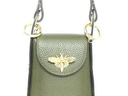 Olive green leather handbag with gold bee clasp and top handle, luxury designer accessory