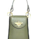 Olive green leather handbag with gold bee clasp and top handle, luxury designer accessory