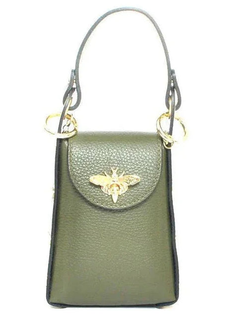 Olive green leather handbag with gold bee clasp and top handle, luxury designer accessory