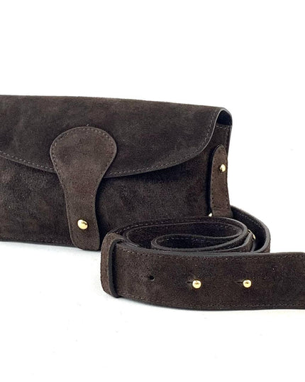 Dark brown suede belt bag with gold-tone hardware, handcrafted luxury accessory for unique style