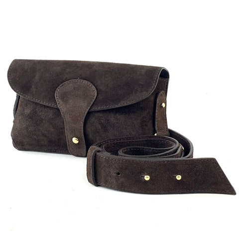 Dark brown suede belt bag with gold-tone hardware, handcrafted luxury accessory for unique style