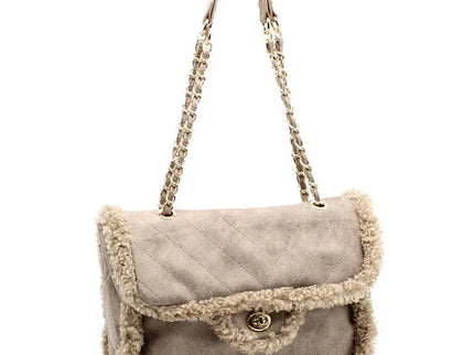 Luxury quilted suede handbag with shearling trim and chain strap, designer Italian leather accessory